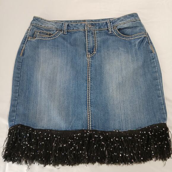 Y2K Vanilla Jeans 14 Denim  Mini Skirt with Sequined Black Fringe Swifty Swift - Picture 1 of 10